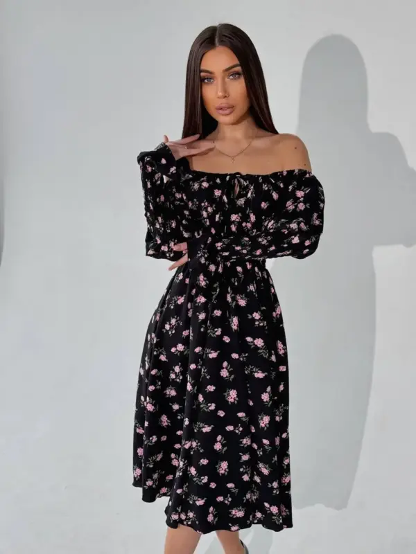m525-2-pink-flowers-on-black (3) Cукня міді з принтом рожева квітка на чорному