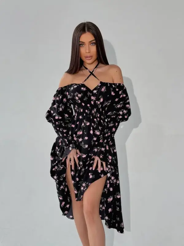 m525-2-pink-flowers-on-black (4) Cукня міді з принтом рожева квітка на чорному