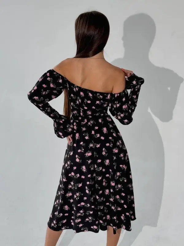 m525-2-pink-flowers-on-black (5) Cукня міді з принтом рожева квітка на чорному