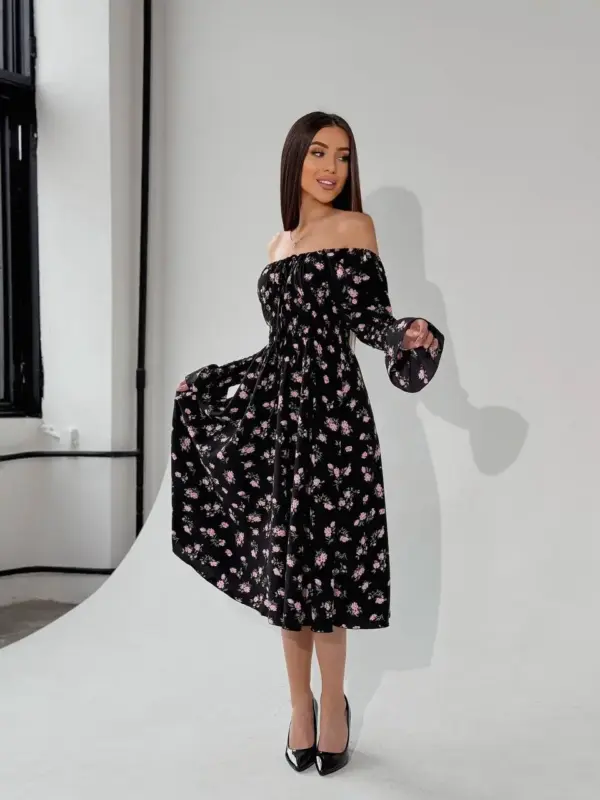 m525-2-pink-flowers-on-black (7) Cукня міді з принтом рожева квітка на чорному