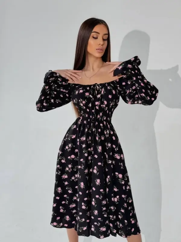 m525-2-pink-flowers-on-black (9) Cукня міді з принтом рожева квітка на чорному