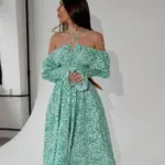 Cукня міді з принтом біла квітка на зеленому