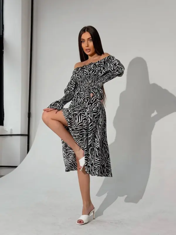 m525-2-zebra-black (6) Cукня міді зебра чорного кольору