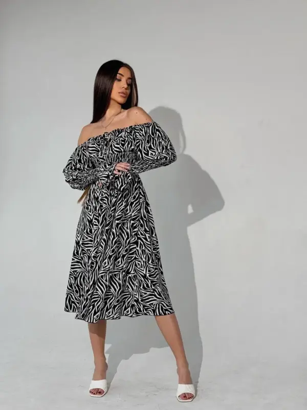 m525-2-zebra-black (8) Cукня міді зебра чорного кольору