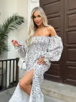 Довга муслінова сукня білого кольору в леопардовий принт