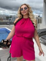 Костюм жіночий з мусліну топ з шортами малинового кольору Sa263