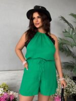 Костюм жіночий з мусліну топ з шортами зеленого кольору Sa263