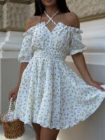 Літня коротка сукня з мусліну білого кольору в жовту квітку М503