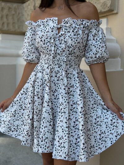 Літня коротка сукня з мусліну білого кольору з леопардовим принтом М503