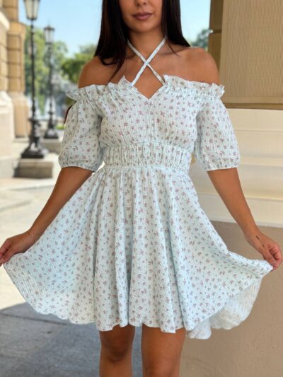 Літня коротка сукня з мусліну блакитного кольору в рожеву квітку М503