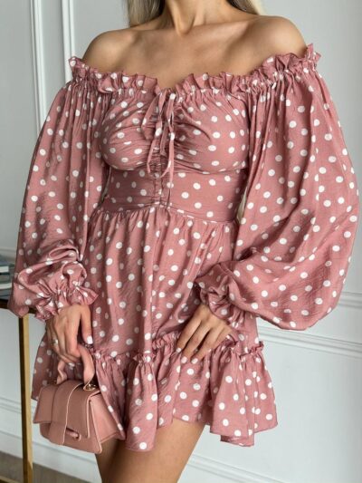 Літня сукня з штапелю пудрового кольору — принт горох