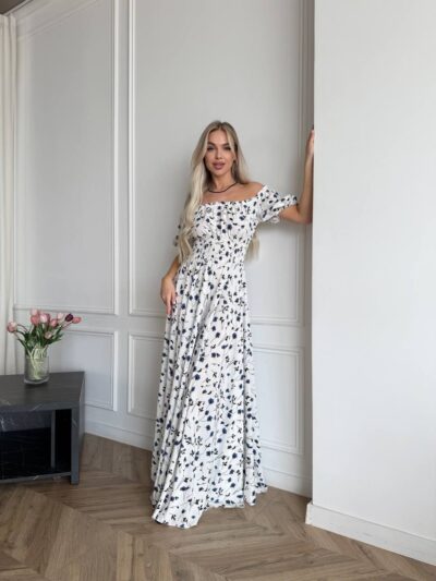 Сукня максі в підлогу біле в блакитну квітку