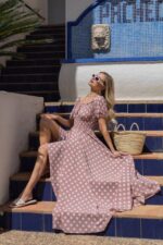 Сукня максі в підлогу білий горох на пудрі