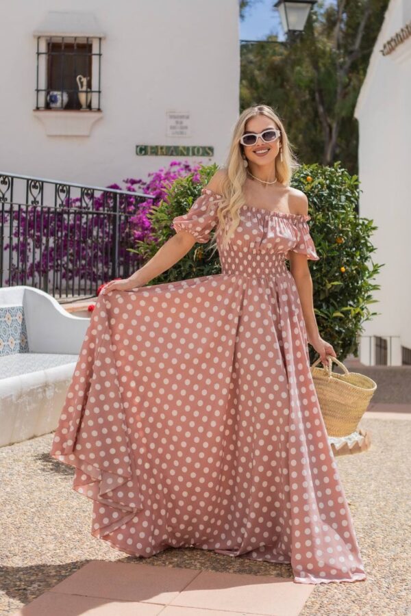 Сукня максі в підлогу білий горох на пудрі