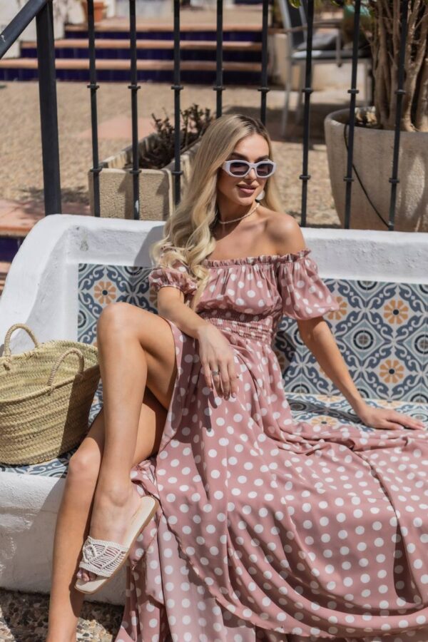 Сукня максі в підлогу білий горох на пудрі