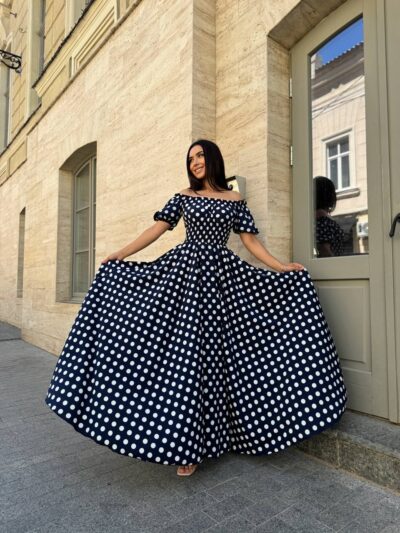 Сукня максі в підлогу білий горох на синьому