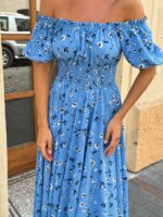 Сукня максі в підлогу блакитна в біло-чорну квітку