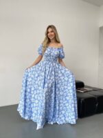 Сукня максі в підлогу блакитне у білу квітку