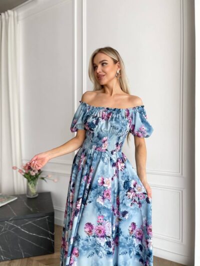 Сукня максі в підлогу блакитне у квітку