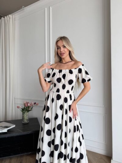 Сукня максі в підлогу чорний горох на білому