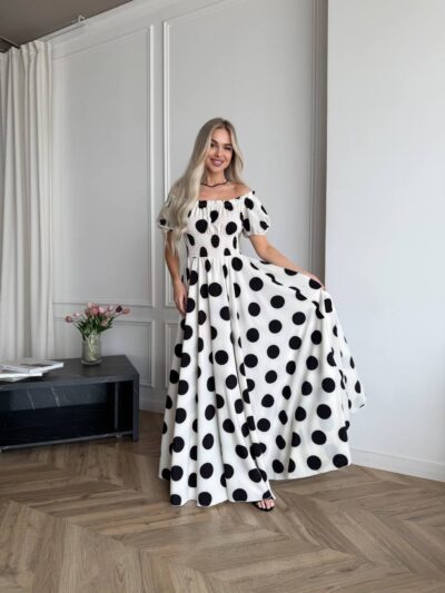 Сукня максі в підлогу чорний горох на білому