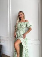 Сукня максі в підлогу м’ятного кольору у квітку