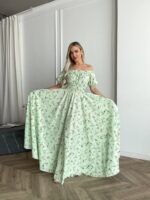 Сукня максі в підлогу м’ятного кольору у квітку