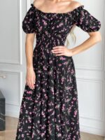 Сукня максі в підлогу у рожеву квітку чорного кольору