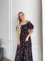 Сукня максі в підлогу у рожеву квітку чорного кольору