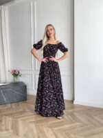 Сукня максі в підлогу у рожеву квітку чорного кольору