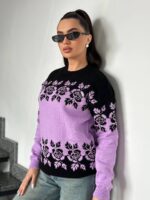 Светр жіночий з квітковим орнаментом колір бузок з чорним LM5073 