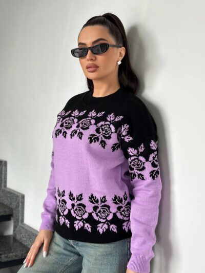 Светр жіночий з квітковим орнаментом колір бузок з чорним LM5073 