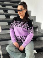 Светр жіночий з квітковим орнаментом колір бузок з чорним LM5073 