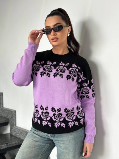 Светр жіночий з квітковим орнаментом колір бузок з чорним LM5073 