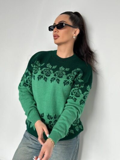Светр жіночий з квітковим орнаментом колір мята зі смарагдом LM5073 
