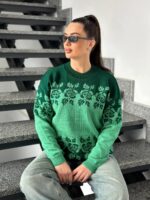Светр жіночий з квітковим орнаментом колір мята зі смарагдом LM5073 