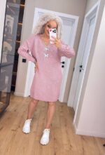 (Копія)Жіноча в’язана сукня з ажурними рукавами бузок 00398 00400