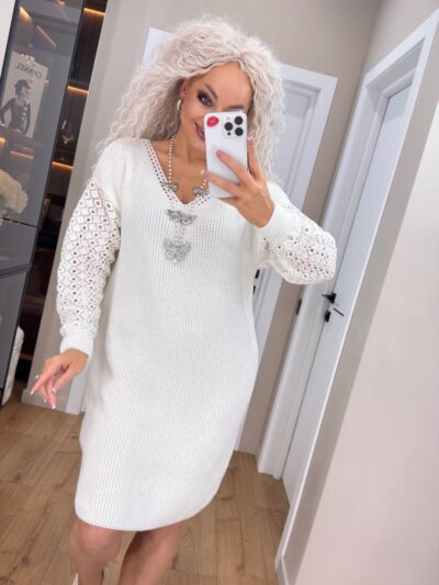 (Копія)Жіноча в’язана сукня з ажурними рукавами смарагд 00401 00402