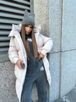 Пуховик жіночий бежевий довгий 100см 00405