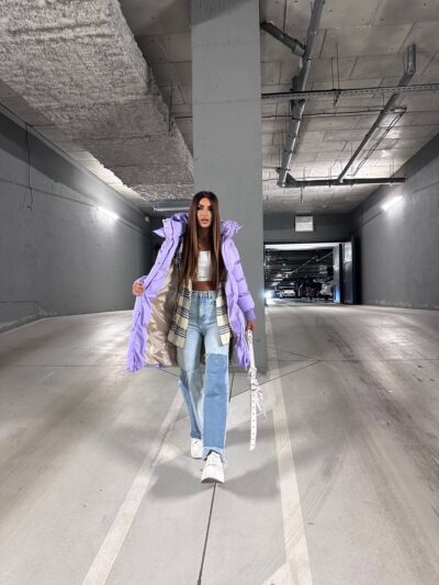 Пуховик жіночий бузковий довгий 100см 00406