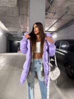 Пуховик жіночий бузковий довгий 100см 00406