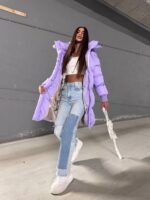 Пуховик жіночий бузковий довгий 100см 00406