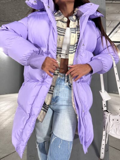 Пуховик жіночий бузковий довгий 100см 00406