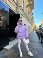 Пуховик жіночий бузковий короткий з капюшоном 00305