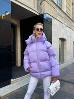 Пуховик жіночий бузковий короткий з капюшоном 00305