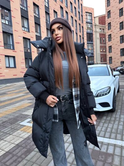 Пуховик жіночий чорний довгий 100см 00404