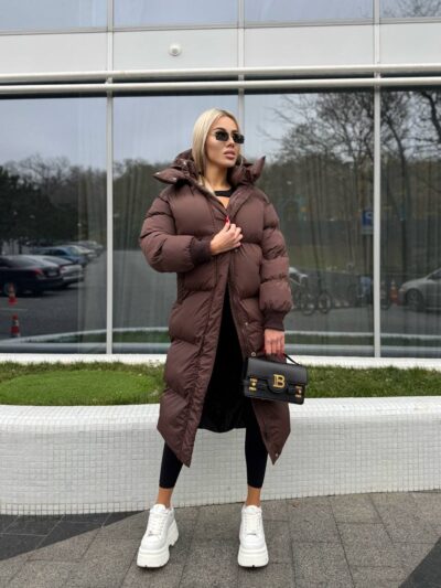 Пуховик жіночий коричневий довгий 100см 00412