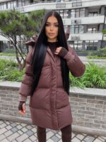 Пуховик жіночий коричневий довгий 100см 00412