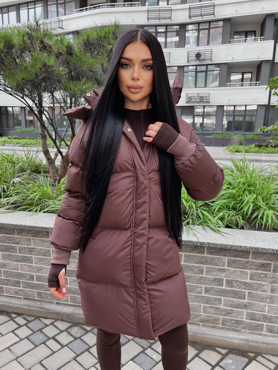 puhovyk-zhinochyj-korychnevyj-dovgyj-100sm-00412-m433k-brown-14 Пуховик жіночий коричневий довгий 100см 00412