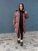 Пуховик жіночий коричневий довгий 100см 00412